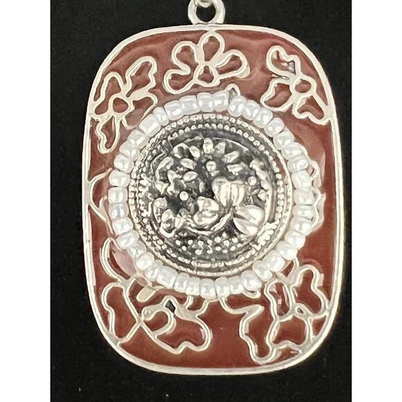 Vintage Red Enamel Floral Faux Pearls Silver Necklace & Pendant STUNNING DETAIL - Picture 2 of 3